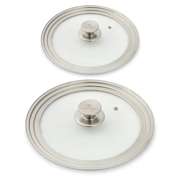 Lot 2 couvercles en verre et inox multidiamètre 16,18 et 20 cm et 24, 26 et 28 cm Mathon