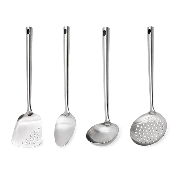 Lot de 4 ustensiles avec louche, cuillère, spatule, écumoire et d’un fouet magique à spirale 30 cm en inox Mathon - Image 3