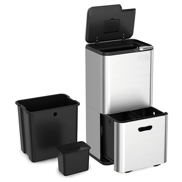 Lot poubelle de cuisine 3 bacs de tri sélectif 63 L inox et grand panier de tri 72 L Mathon - Image 2