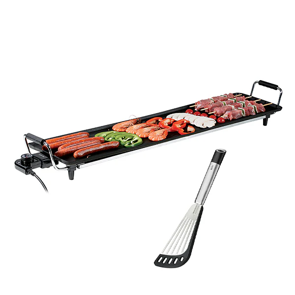Lot plancha Teppan Yaki 90 cm DOM231 Livoo et spatule coudée Primeline Gefu